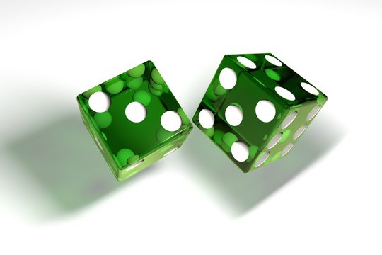 3d image: high quality rendering of transparent green rolling dices with white dots. The cubes in the cast. throws. High resolution. Realistic shadows. on white background