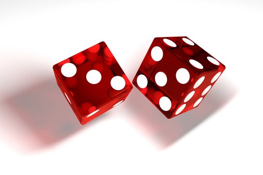 3d image: high quality rendering of transparent red rolling dices with white dots. The cubes in the cast. throws. High resolution. Realistic shadows. on white background