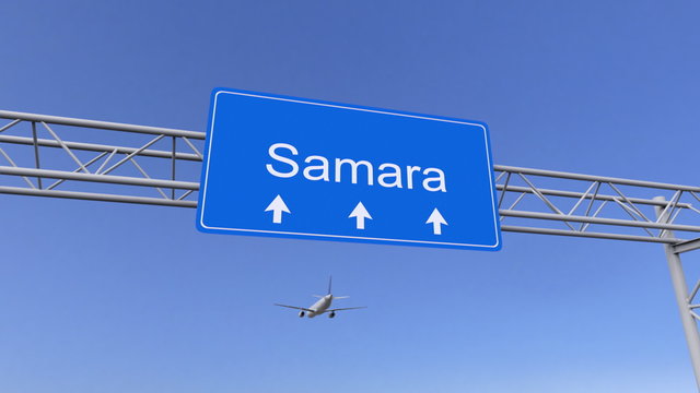Commercial airplane arriving to Samara airport. Travelling to Russia conceptual 3D rendering