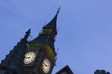 View of the Great Clock of Westminster illuminated at night-time, Elizabeth Tower (Big Ben), Westminster, London