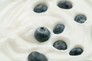 macro photo of organic yogurt with fresh blueberries, food background