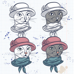 Vector color set of elegant cat women face