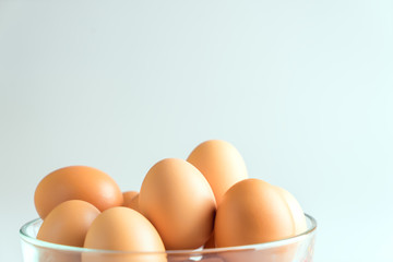 Fresh eggs in a bowl on a white background.