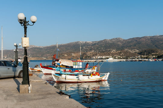 Traditional Greek fishing boats at harbor of Sitia town on eastern part of Crete island, Greece