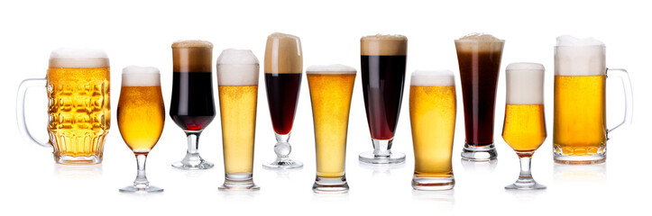 set of frosty glass of light beer with foam on white 