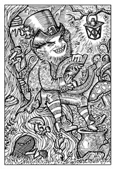 Leprechaun and pot with gold. Engraved fantasy illustration. See all collection in my portfolio