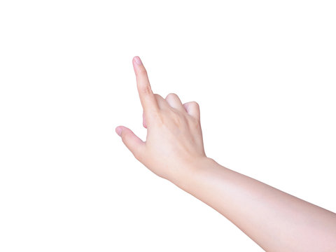 female hand touching or pointing to something isolated on white