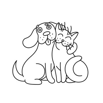 cute dog hugs cat. vector illustration.
