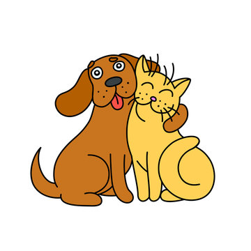 cute dog hugs cat. vector illustration.