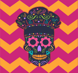 Kitchen chef skull vector with zig-zag background