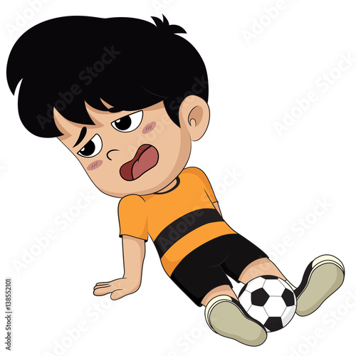 "kid very tired after playing soccer with his friend." Stock image and