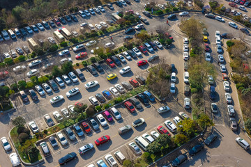 The overhead parking lot packed with vehicles