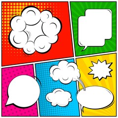 Abstract creative concept vector comic pop art style blank, layout template with clouds beams and isolated dots background. For sale banner, empty speech bubble set, illustration halftone book design.