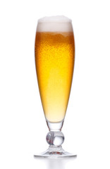 glass of fresh beer on white.
