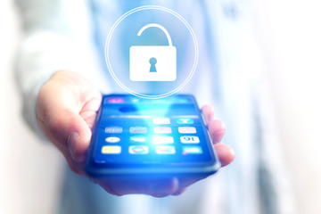 Security concept with a locker open on an internet application - technology concept