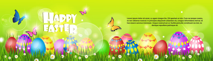 Happy Easter Decorated Colorful Egg Holiday Symbols Greeting Card Flat Vector Illustration