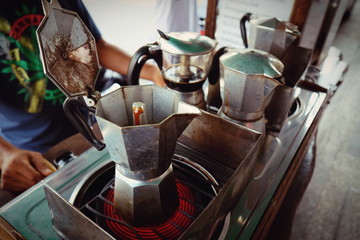 moka pot Italian traditional coffee maker with hot coffee
