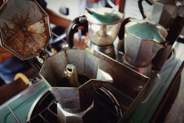 moka pot Italian traditional coffee maker with hot coffee