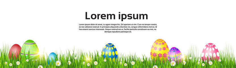 Happy Easter Decorated Colorful Egg Holiday Symbols Greeting Card Flat Vector Illustration