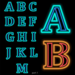 Luminous neon alphabet Vector font. The color of light is easily changed. Neon letters on a dark blue background isolated. Latin characters. Part 1