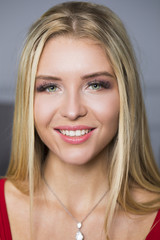 Portrait close up of young beautiful brunette woman