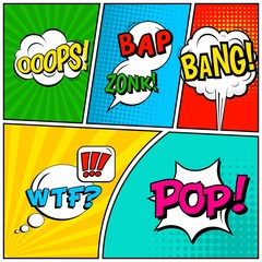 Abstract creative concept vector comic pop art style blank, layout template with clouds beams and isolated dots background. For sale banner, empty speech bubble set, illustration halftone book design.