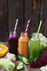 Fototapeta na wymiar Various Freshly Squeezed Vegetable Juices for Detox