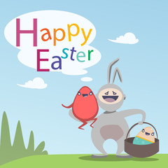 Fototapeta premium Easter Decorated Rabbit Colorful Egg Holiday Symbols Greeting Card Flat Vector Illustration