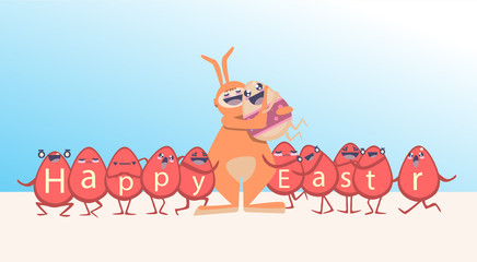Easter Decorated Rabbit Colorful Egg Holiday Symbols Greeting Card Flat Vector Illustration