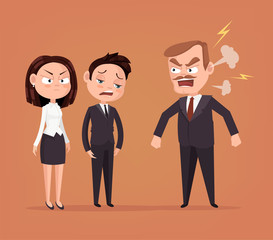 Angry boss character yelling at employee. Vector flat cartoon illustration