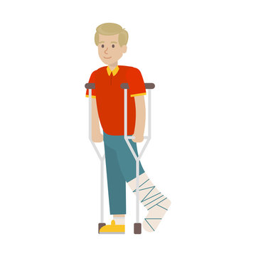 Man with broken leg on white background. leg in plaster. Smiling young boy wih crutches.