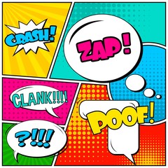 Abstract creative concept vector comic pop art style blank, layout template with clouds beams and isolated dots background. For sale banner, empty speech bubble set, illustration halftone book design.