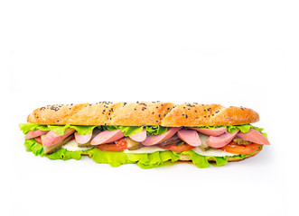 long sandwich with tomatoes and sausage on white background 2