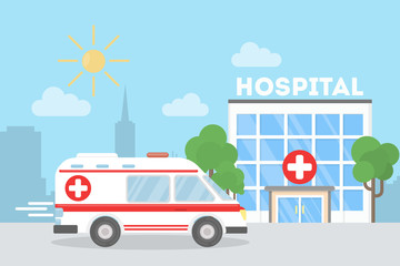 Ambulance car in the city near hospital building. Concept of emergency, first aid and medical care. © inspiring.team