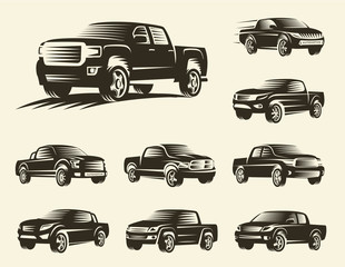 Isolated monochrome pickup trucks logo set, cars logotypes collection, black color automotive vehicle vector illustration.