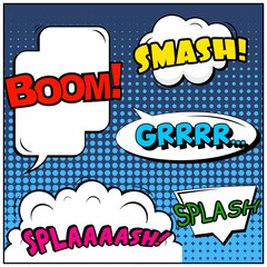 Abstract creative concept vector comic pop art style blank, layout template with clouds beams and isolated dots background. For sale banner, empty speech bubble set, illustration halftone book design.