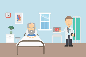 Old man in hospital with doctors gets first aid after heart attack.