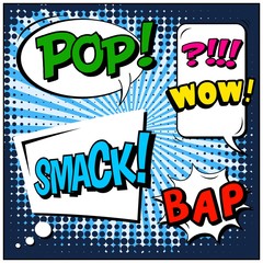 Fototapeta premium Abstract creative concept vector comic pop art style blank, layout template with clouds beams and isolated dots background. For sale banner, empty speech bubble set, illustration halftone book design.