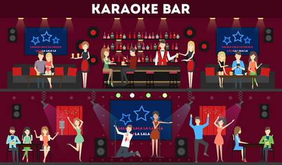 Karaoke bar interior set. Bar and scene, dance hall and visitors.