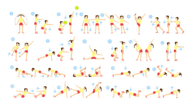 Children workout set on white background. Exercise for small kids.