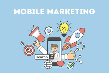 Mobile marketing concept. Banner with icons as loudspeaker, hands, rocket and light bulb. Idea of e-commerce, technology and social media.