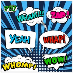 Fototapeta premium Abstract creative concept vector comic pop art style blank, layout template with clouds beams and isolated dots background. For sale banner, empty speech bubble set, illustration halftone book design.