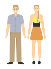 Isolated russian couple on white background. Man and woman in modern costumes.