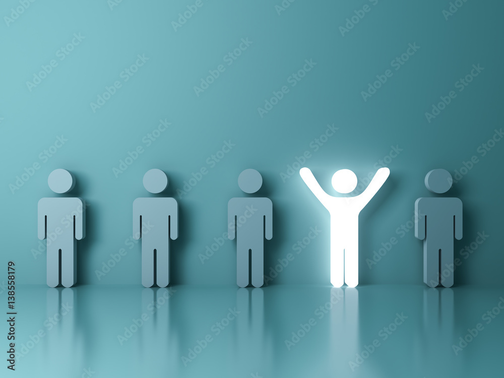 Poster Stand out from the crowd and different creative idea concepts , One glowing light man standing with arms wide open among other people on green background with reflections and shadows . 3D rendering.
