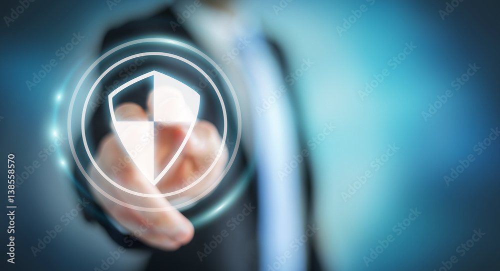 Poster businessman using shield safe protection to protect his datas 3d rendering