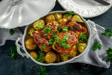 New boiled potatoes with dill and butter served with baked skinless boneless chicken thighs in vintage casserole