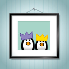 Couple of Penguins Wearing Party Hats in Picture Frame