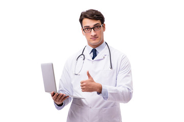 Doctor with laptop isolated on white background