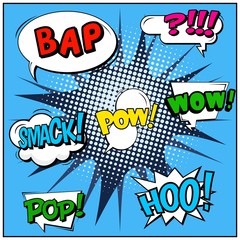 Abstract creative concept vector comic pop art style blank, layout template with clouds beams and isolated dots background. For sale banner, empty speech bubble set, illustration halftone book design.