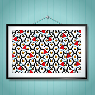 Group Photo of Penguins wearing Santa Hats in Picture Frame
